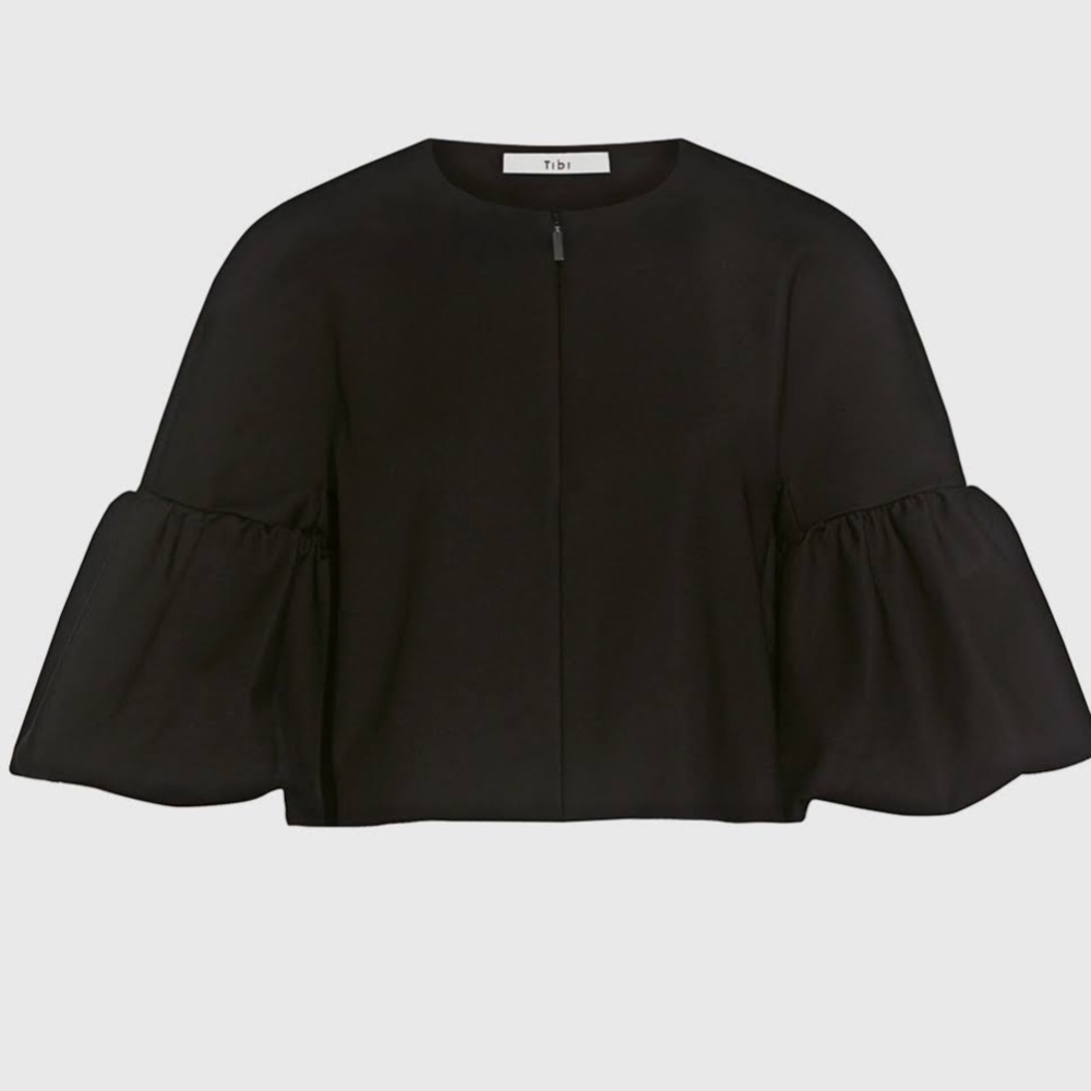 Tibi Agathe Zip Front Balloon Sleeve Cropped Top, Black - Picture 2 of 11